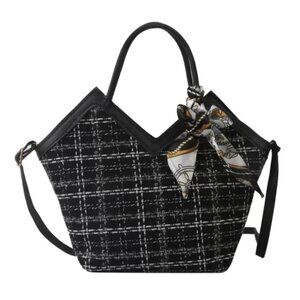 Black Plaid Handbag with White Lines & Decorative